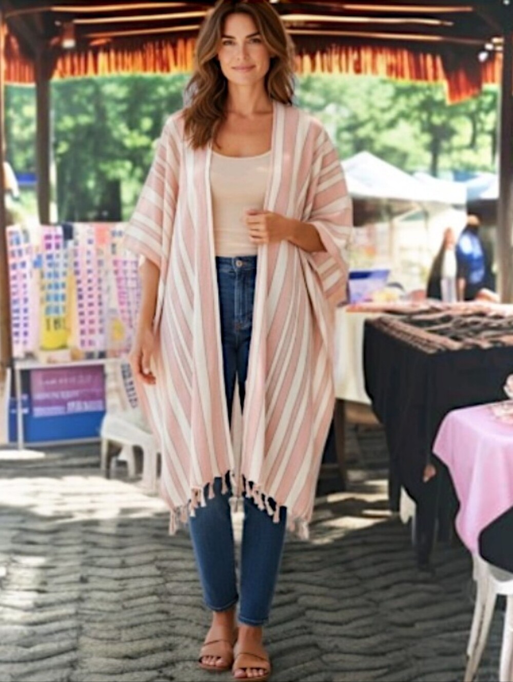 Rays for Days Kimono Cover Up One Size Coral Stripe Fringe Bohemian Beach NEW - Picture 14 of 15